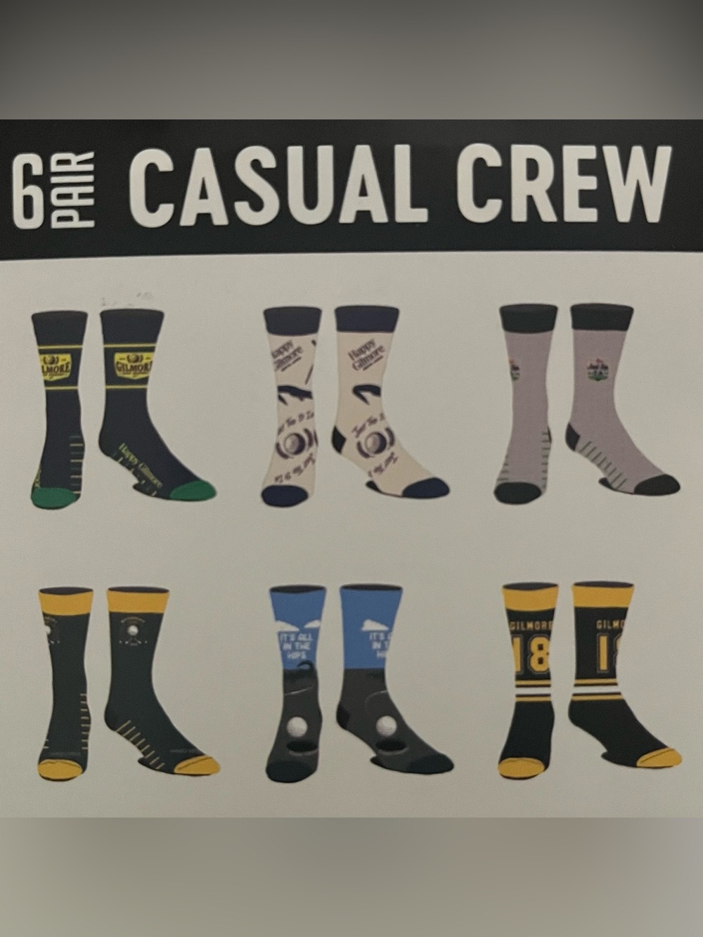 Happy Gilmore Crew Socks, 6-Pack, Mens Sizes 8-12. New with tags. Golf theme.